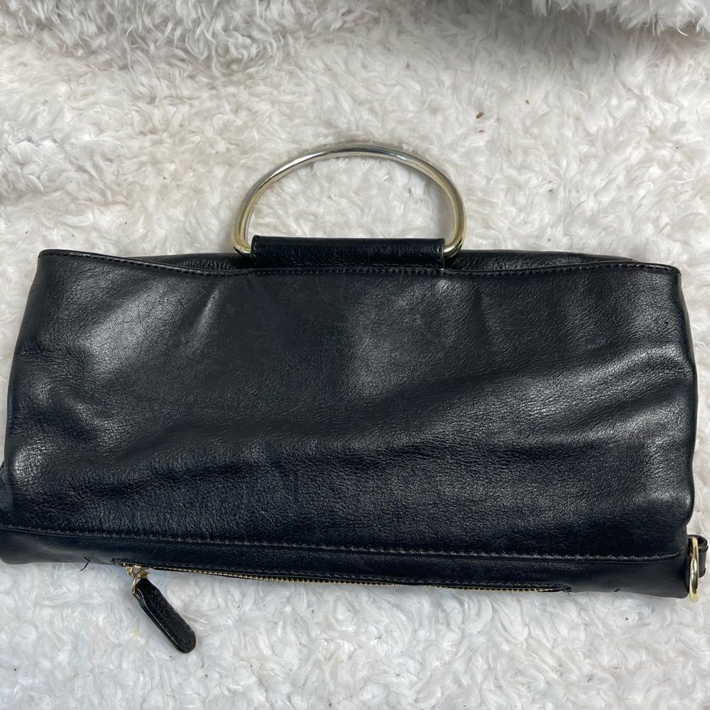 CYNTHIA ROWLEY BLACK LEATHER CONVERTIBLE FOLD-OVER SATCHEL TOTE . - Picture 6 of 12